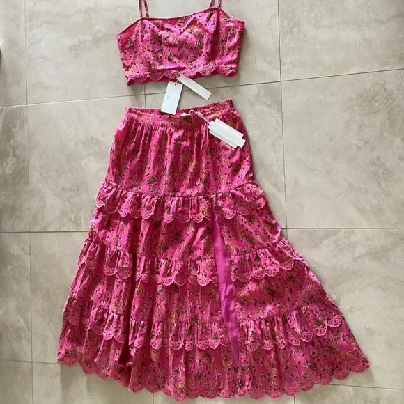 Caroline Constas 2pc Set Crop Spaghetti Top Maxi Skirt Pink Cotton Eyelet Ruffle - Picture 14 of 16